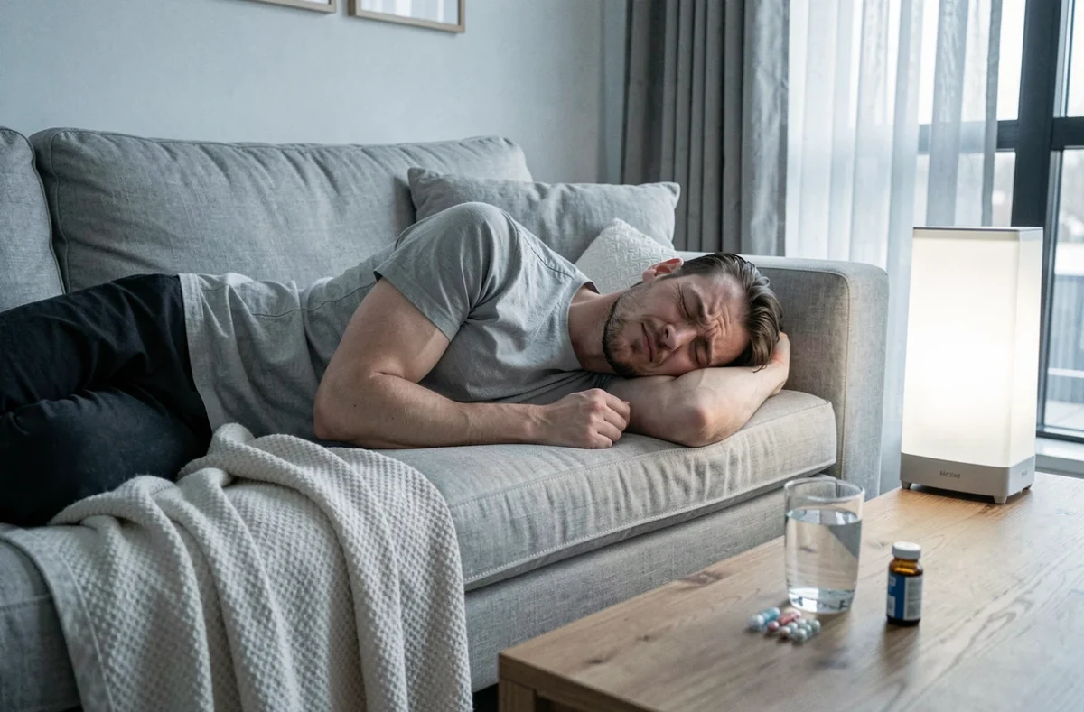 Homme allongé sur un canapé avec une migraine, lampe de luminothérapie posée sur la table de nuit