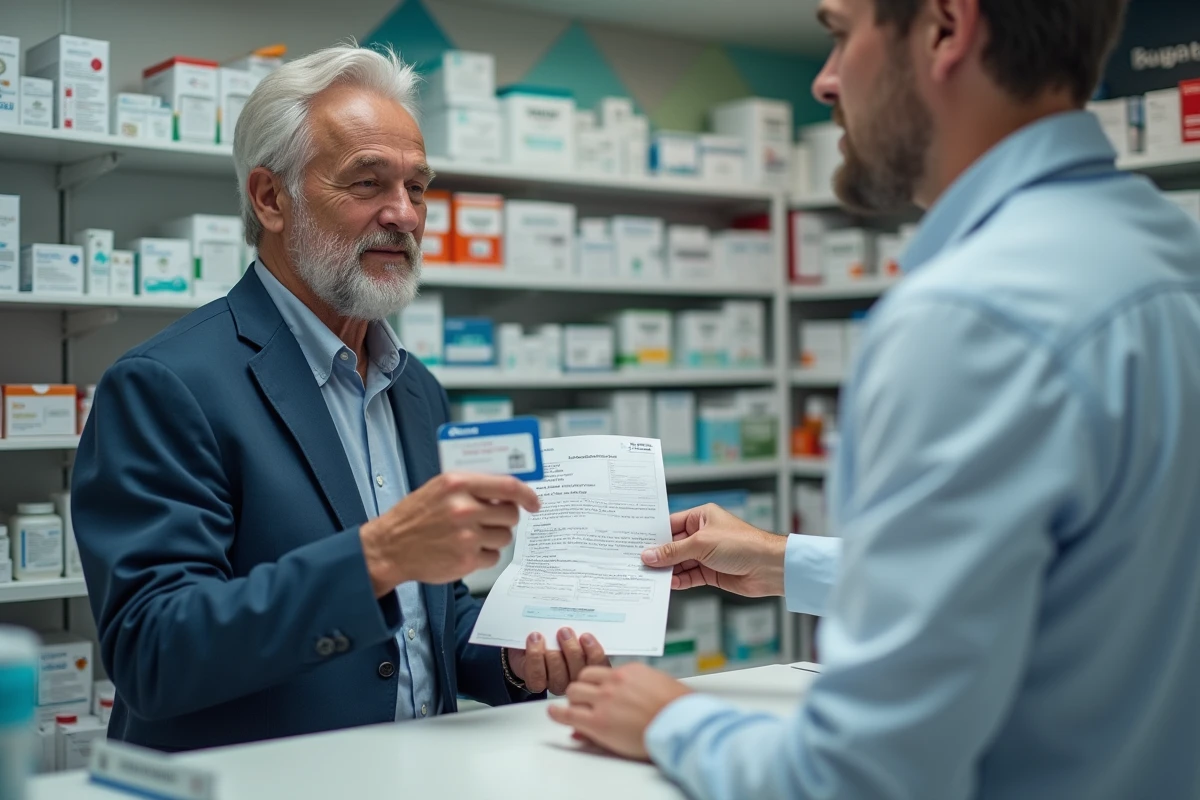 Homme parlant avec un pharmacien au comptoir de pharmacie