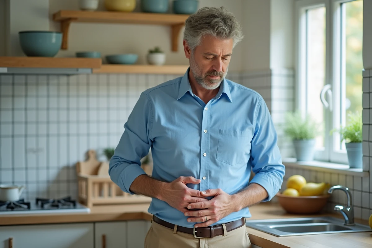 Homme debout dans la cuisine avec main sur le ventre