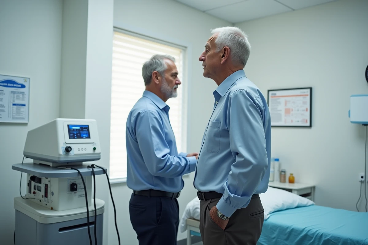 Homme senior en consultation avec appareil de pressotherapie