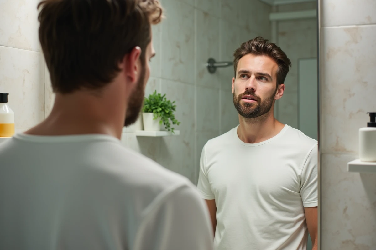Homme regardant son port médical dans le miroir de la salle de bain
