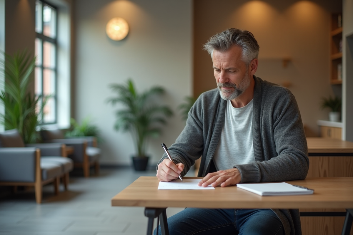 Homme remplissant un formulaire dans un espace d