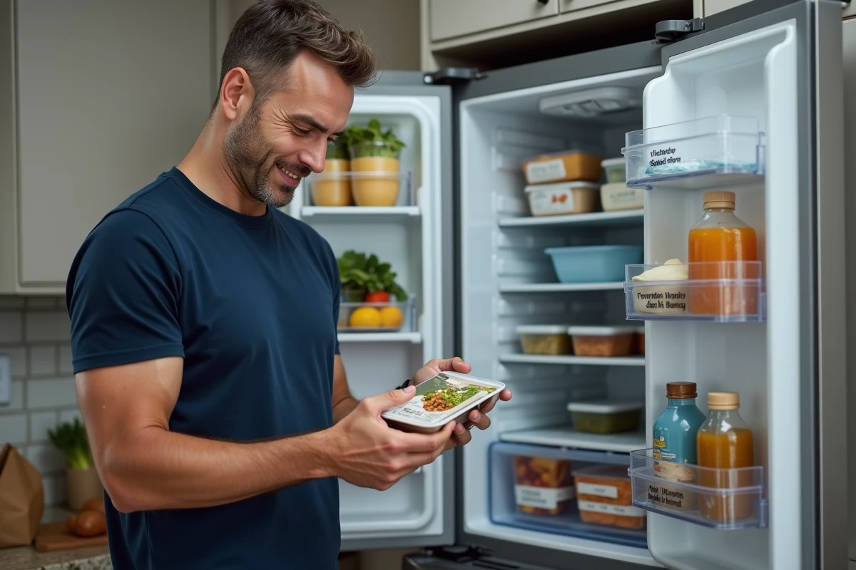 Homme évaluant des repas tout prêts et préportionnés dans un réfrigérateur pour son régime alimentaire