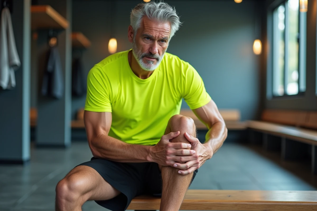 Homme mature assis sur un banc de gym après l