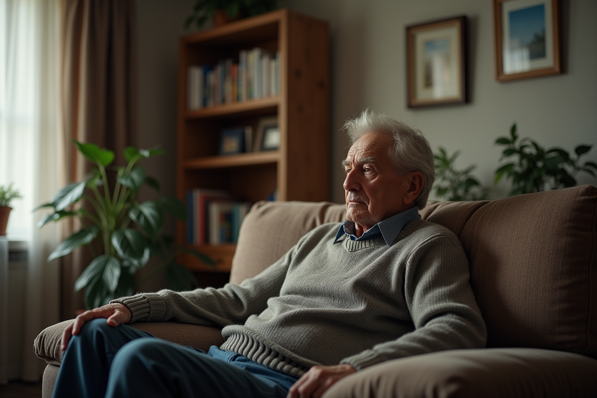Homme âgé assis dans un salon modeste et organisé
