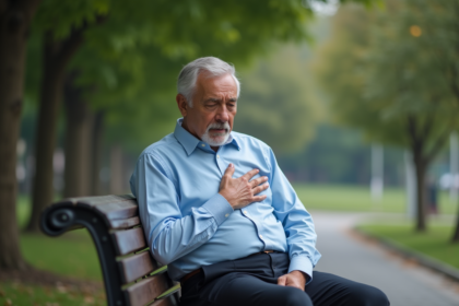 Homme inquiet assis sur un banc dans un parc urbain