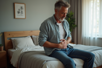 Homme d'âge moyen en détresse abdominale dans une chambre chaleureuse