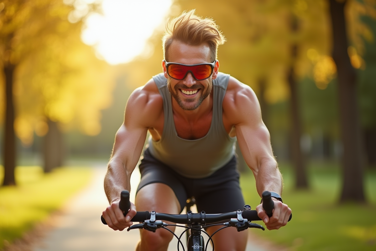 Homme sportif portant des lunettes de soleil en vélo dans un parc ensoleille