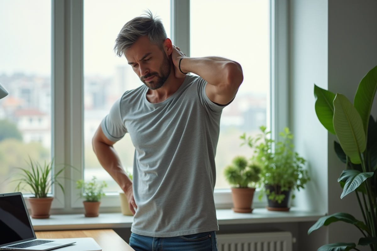 Homme en posture de soulagement dans un bureau à domicile