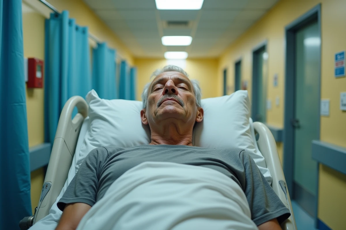 Homme âgé allongé sur un brancard aux urgences après une période prolongée de privation alimentaire