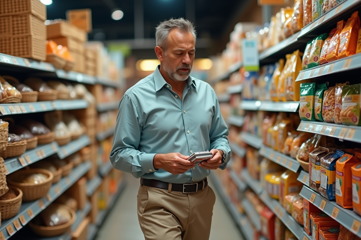 Homme dans un supermarché vérifiant un emballage alimentaire