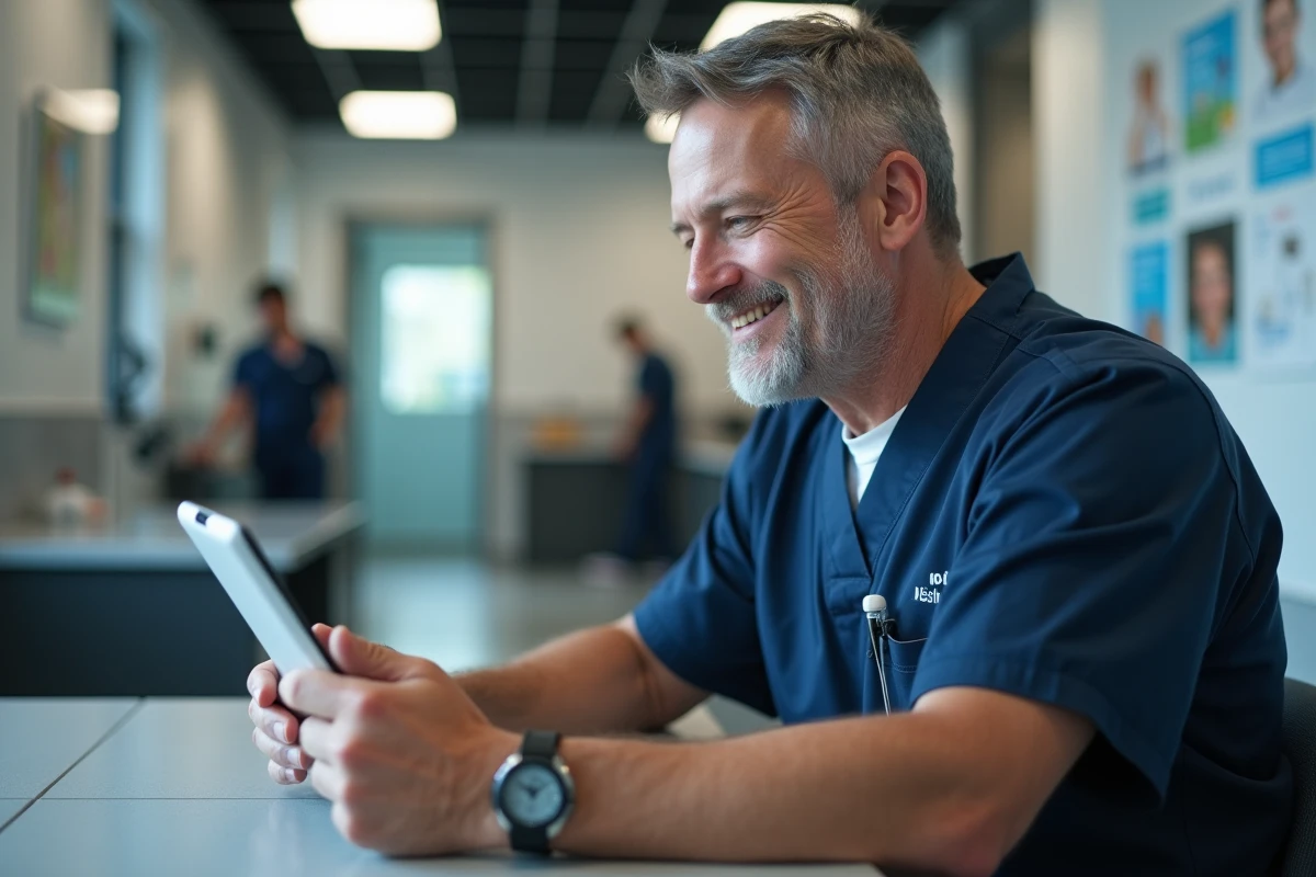 Vétérinaire utilisant une tablette dans une clinique animaliere