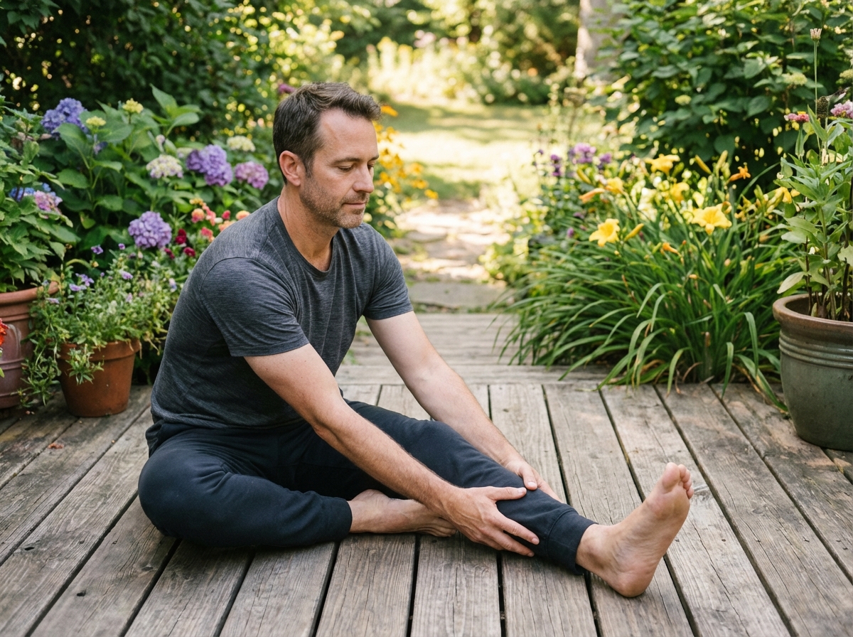 Homme en yoga dans un jardin verdoyant