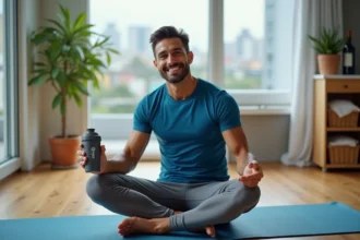 Homme en tenue de sport avec shaker NutriFitness après yoga à la maison