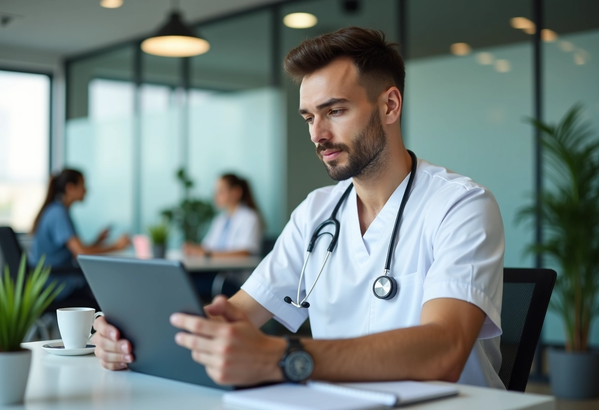 Infirmier homme utilisant une tablette dans un bureau médical