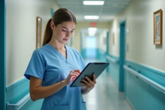 Infirmière en EHPAD saisissant des données patient sur une tablette dans le couloir, illustrant l'utilisation de D.netsoins en équipe terrain