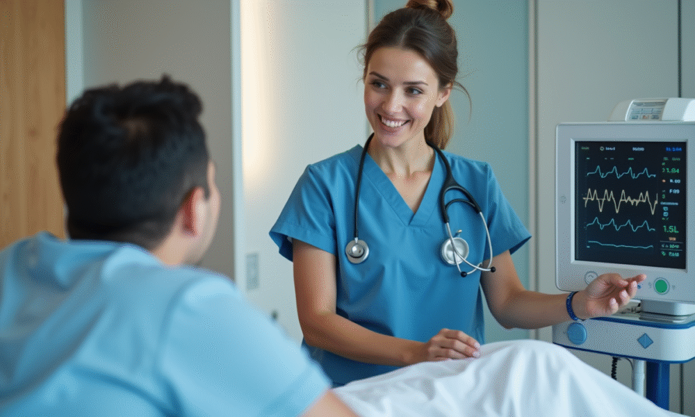Infirmière en blouse bleue vérifiant un moniteur médical