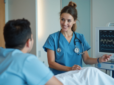 Infirmière en blouse bleue vérifiant un moniteur médical