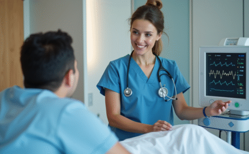 Infirmière en blouse bleue vérifiant un moniteur médical