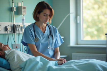 Infirmière soignante ajustant une perfusion dans un hôpital