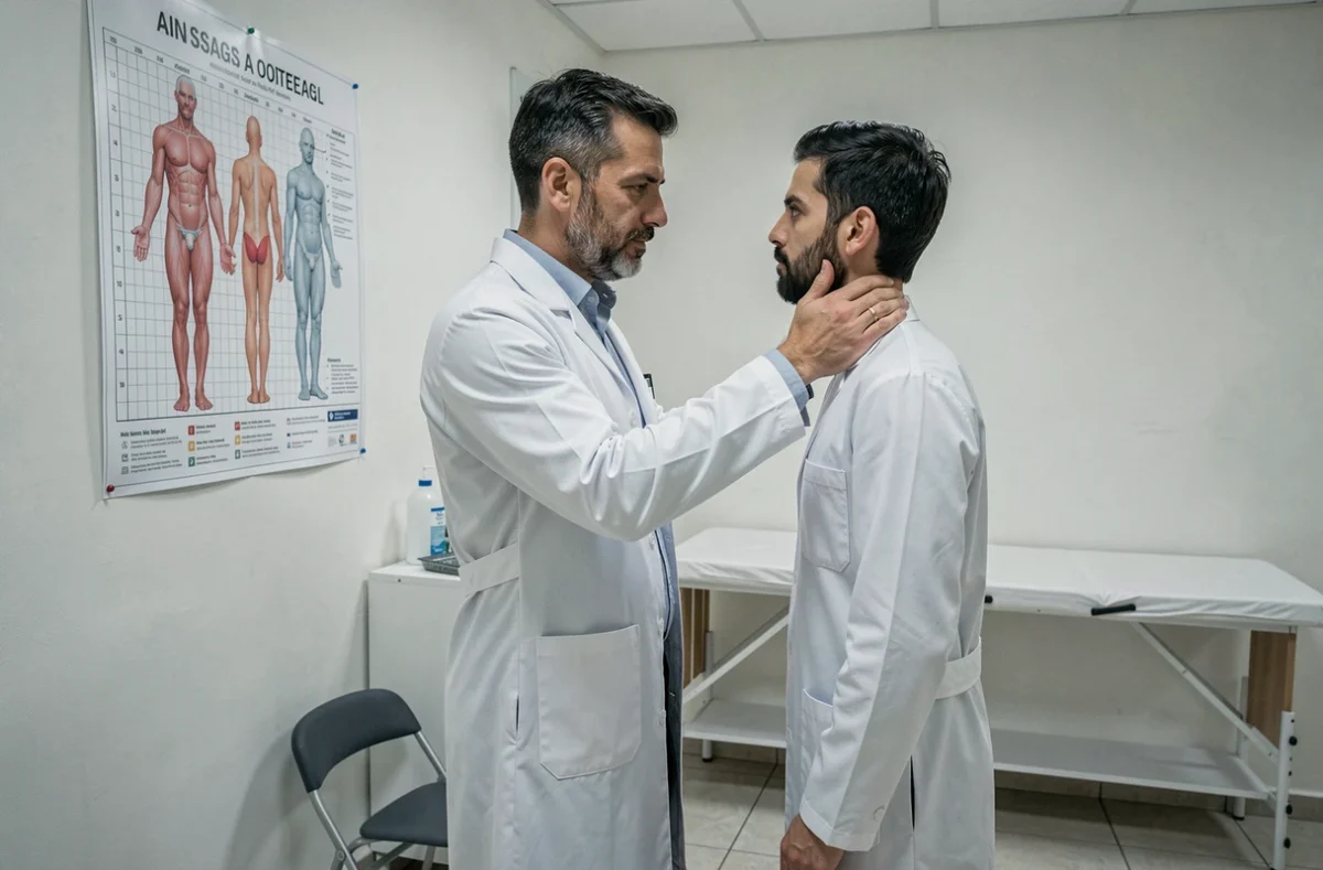 Jérôme Beghelli, ostéopathe dans l'Ain, analysant la posture d'un patient debout dans son cabinet de consultation