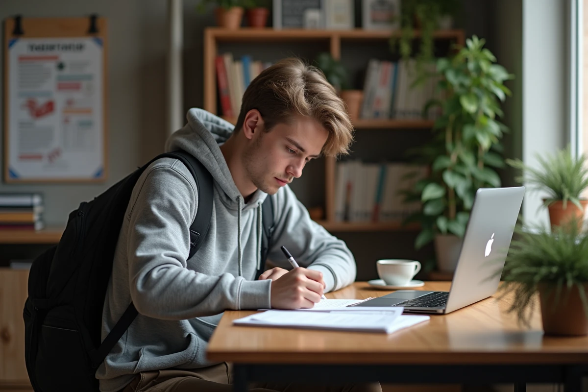 Jeune étudiant remplissant des formulaires CPAM dans sa chambre