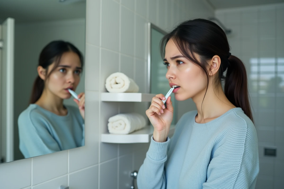 Jeune femme regardant son reflet dans le miroir en se brossant les dents