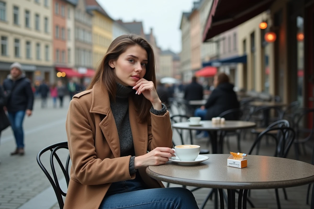 Jeune femme belge assise au café avec cigarette et pack