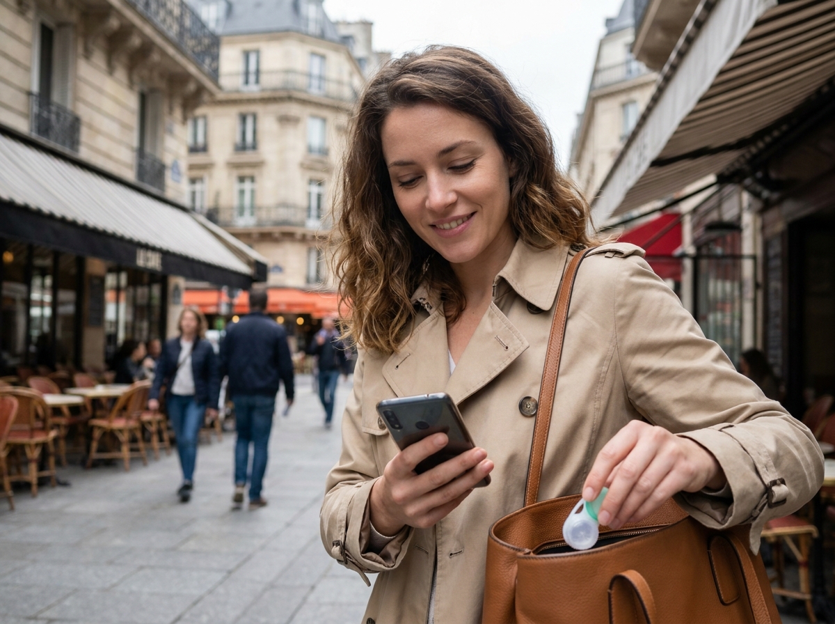 Jeune femme en ville consultant son téléphone avec aisance grâce à ses lentilles de contact après un bilan de vue