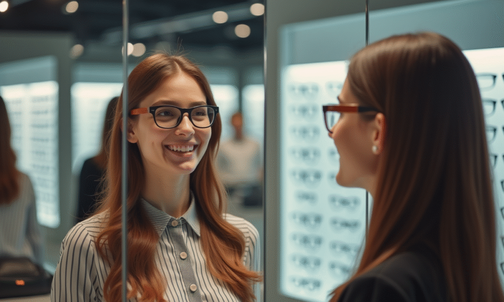 Jeune femme essayant des lunettes de mode dans un magasin lumineux
