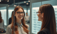 Jeune femme essayant des lunettes de mode dans un magasin lumineux