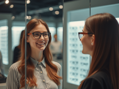 Jeune femme essayant des lunettes de mode dans un magasin lumineux