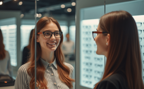 Jeune femme essayant des lunettes de mode dans un magasin lumineux