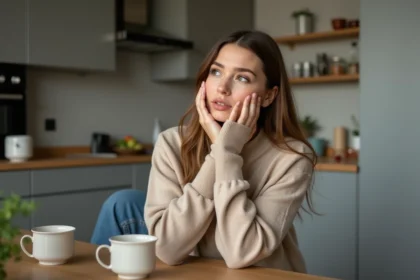 Jeune femme pensant dans une cuisine moderne