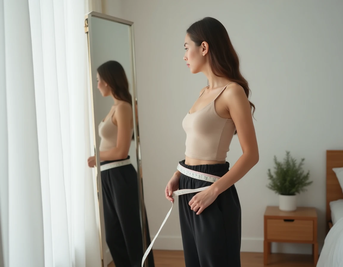 Jeune femme se mesurant la taille avec un ruban devant un miroir dans une chambre épurée, en lien avec le poids idéal à 1m60