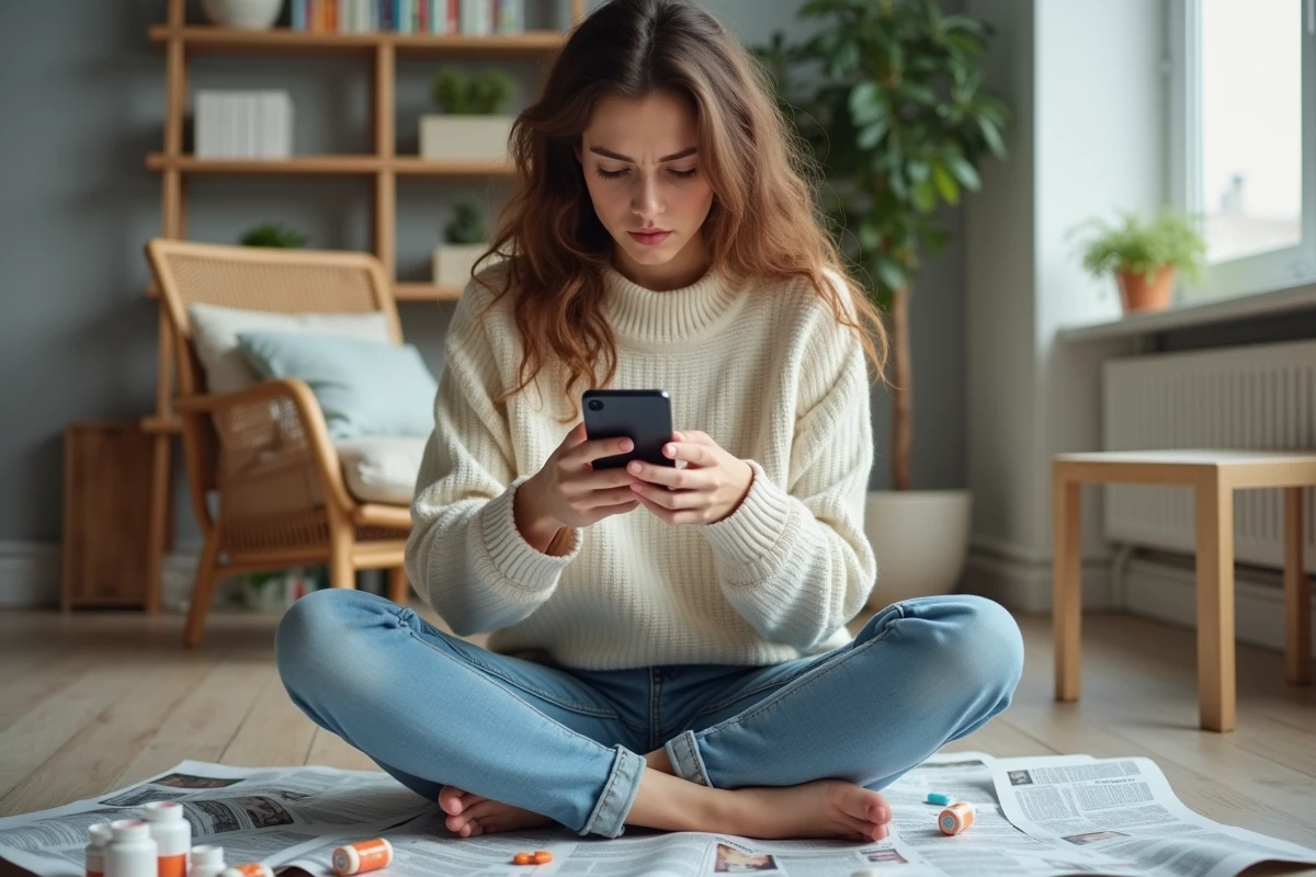 Jeune femme regardant son smartphone avec scepticisme chez elle