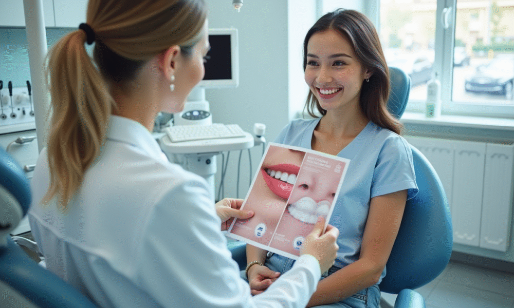 Jeune femme souriante chez le dentiste avec brochure de blanchiment