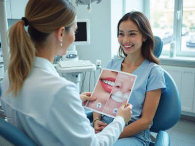 Jeune femme souriante chez le dentiste avec brochure de blanchiment