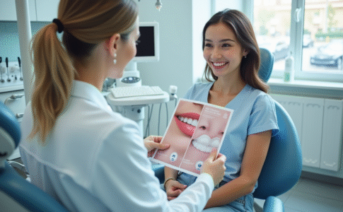 Jeune femme souriante chez le dentiste avec brochure de blanchiment