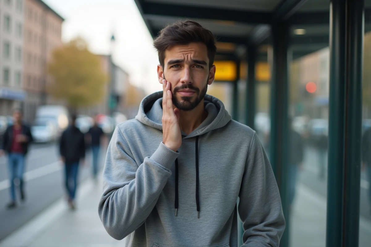 Jeune homme attendant au bus en ville