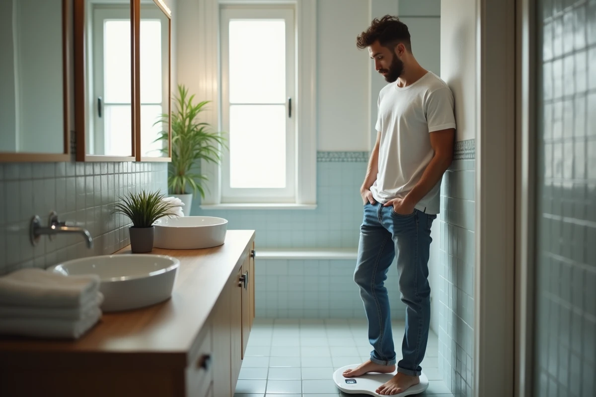 Jeune homme sur la balance dans une salle de bain propre