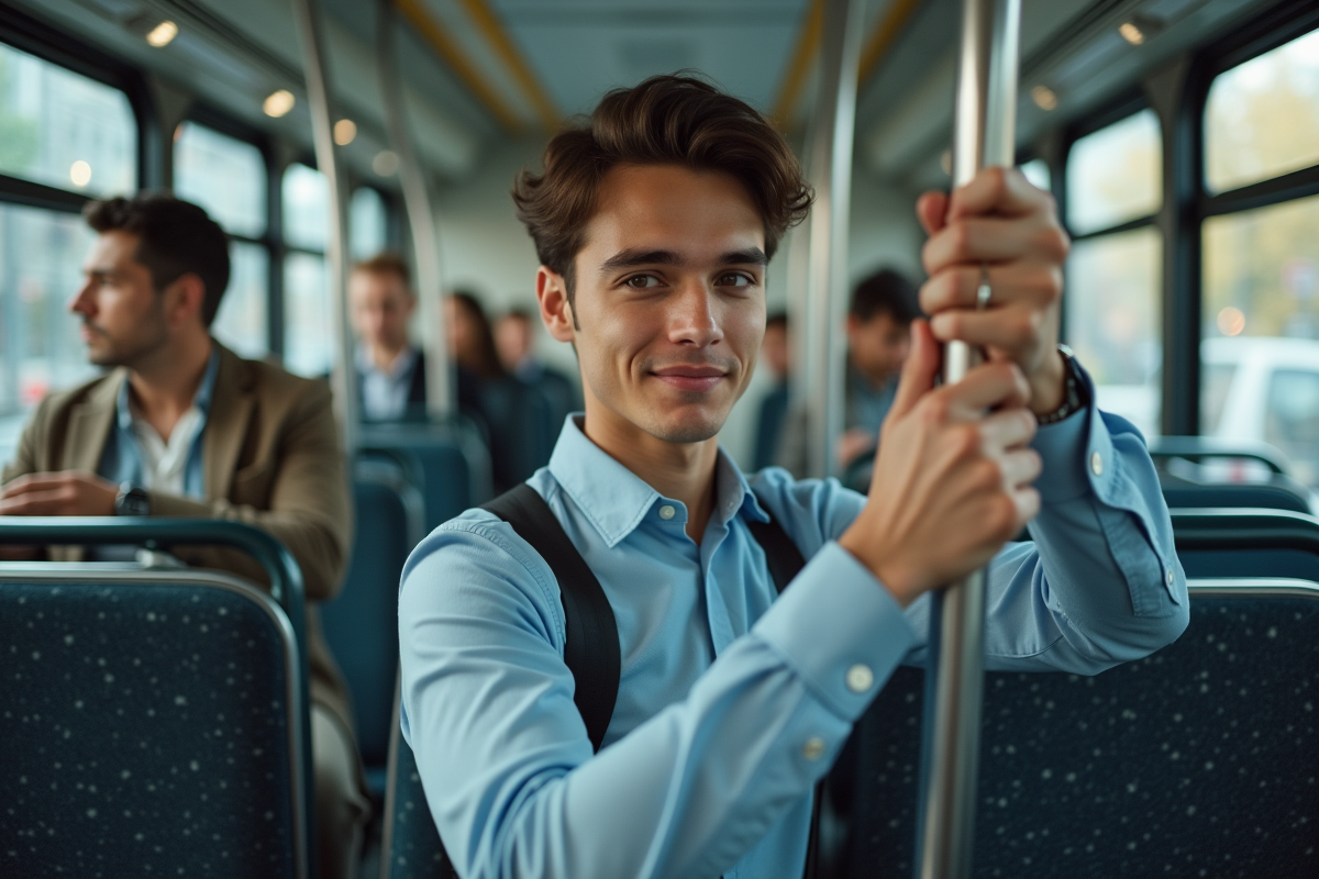 Jeune homme en costume dans un bus urbain
