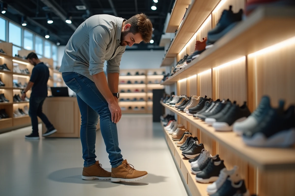 Jeune homme essayant des chaussures dans un magasin moderne