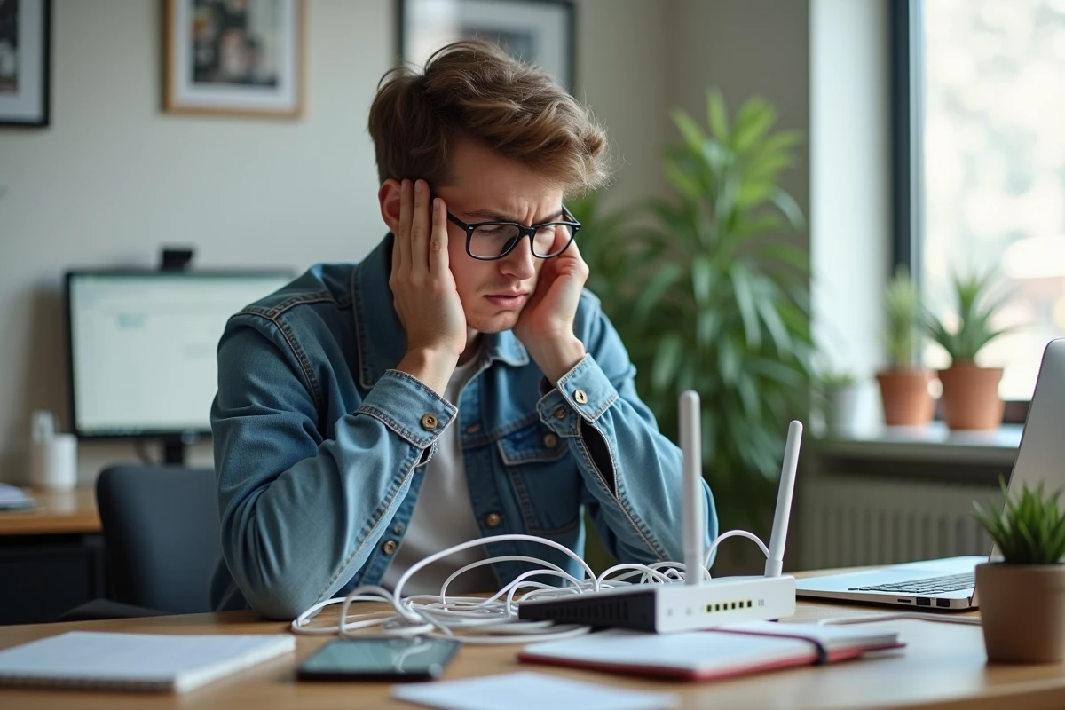 Jeune homme examine un routeur WiFi avec câbles en désordre
