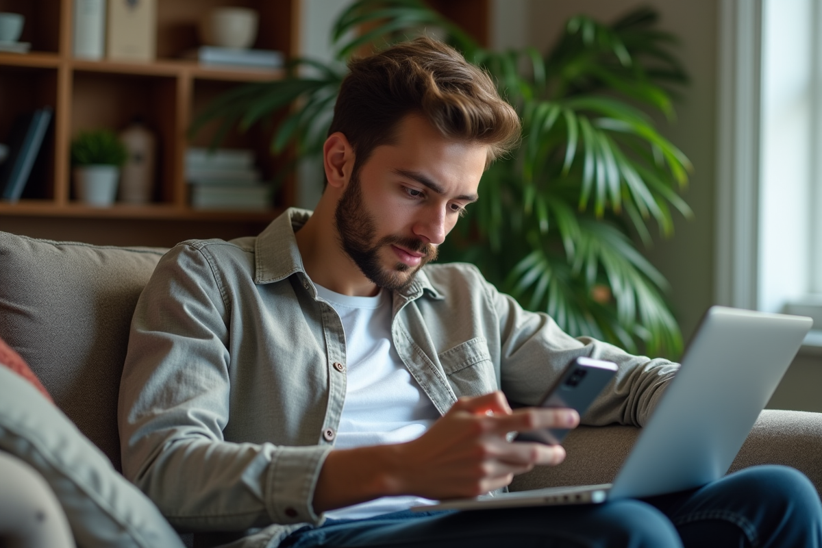 Jeune homme en détente utilisant son smartphone à la maison
