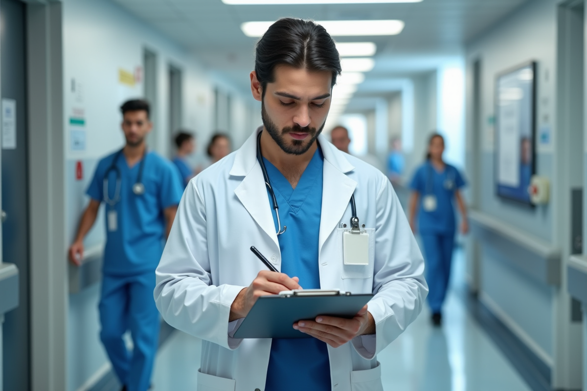 Jeune infirmier prenant des notes dans un couloir d