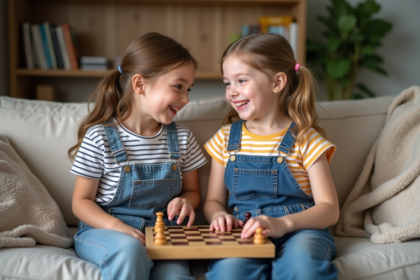 Deux jeunes jumelles assises sur un canapé en famille