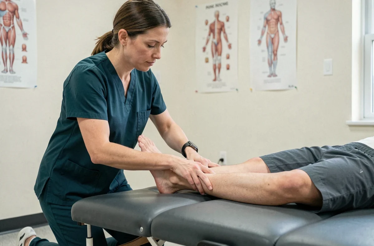 Kinésithérapeute guidant un patient dans un étirement thérapeutique pour soulager la sciatique en cabinet de rééducation