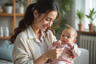 Jeune maman donne des gouttes à son bébé dans une nurserie chaleureuse