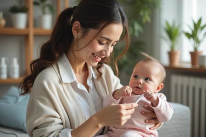 Jeune maman donne des gouttes à son bébé dans une nurserie chaleureuse
